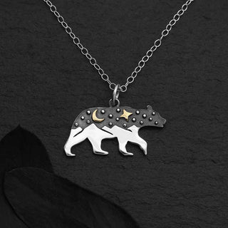 Nina Designs Mixed Metal Bear with Moon and Stars Necklace on Silver Chain