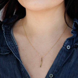 Bronze Vertical Moon Phase Bar Necklace on Neck