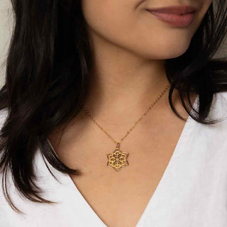 Bronze Lotus Mandala Necklace on Gold filled chain on Woman