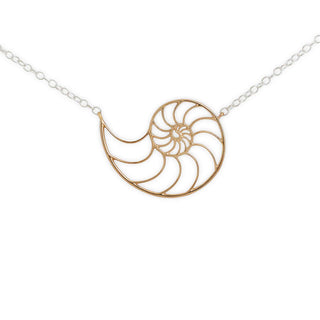 Gold nautilus shell pendant on a silver chain against a white background