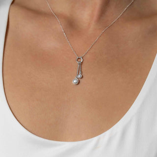 Sterling Silver Two Vertical Bars with Pearls Necklace on model