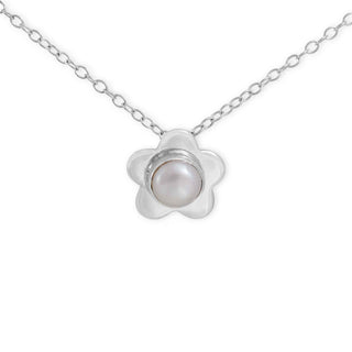 Silver necklace with a flower-shaped pendant featuring a pearl on a white background