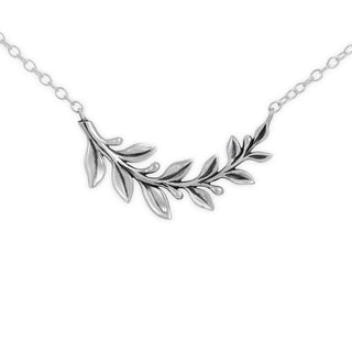 Silver Laurel leaf necklace on a white background