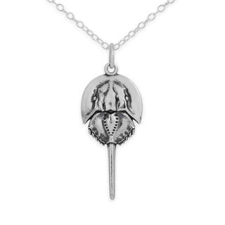 Silver horseshoe crab pendant on a chain against a white background