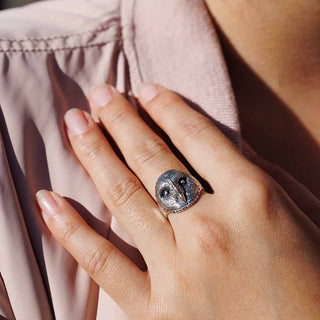 Sterling Silver Owl Face Ring on Hand