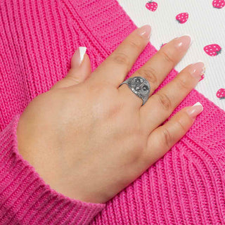 Silver Owl Head Ring on Hand