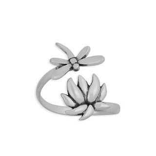 A sterling silver ring featuring a stylized lotus flower and dragonfly motif, set against a plain white background.
