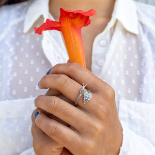 Silver Snail and Leaf Adjustable Ring on Hand