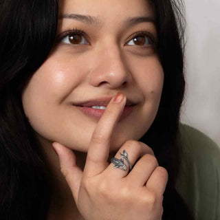 Sterling Silver Adjustable Lucky Koi Ring on model with dark hair