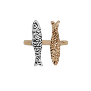 A two-tone fish ring featuring one silver fish and one rose gold fish on a gold band, shown against a plain white background.