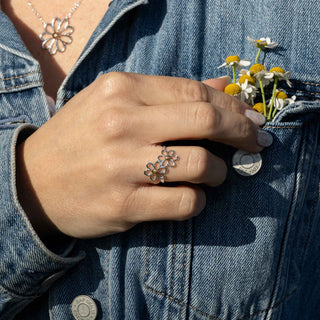 Silver Daisy ring on jean jacket