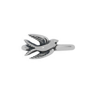 A silver-toned metal bird-shaped hair claw clip with detailed wing textures, shown against a plain white background.