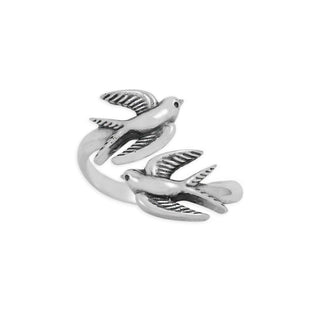A sterling silver adjustable ring featuring two flying birds sculpted in a polished finish, set against a plain white background.