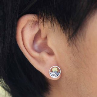 Sterling Silver Mountain Earrings with Bronze Sun Post Earrings on Ear