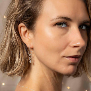 Close-up of a woman wearing Circle of Life Earrings with Pearl against a neutral background