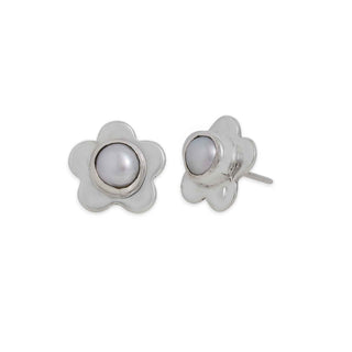 Silver Daisy Earrings with Pearl Center