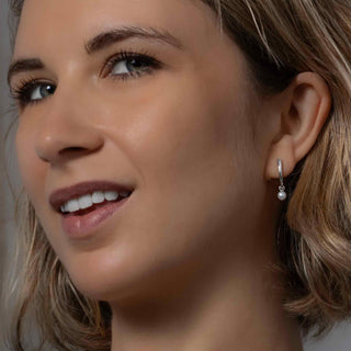 Tapered Bar with Pearl Stud Earrings  on model with blonde hair