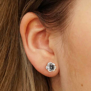 Sterling Silver Pansy Flower Earrings on Ear