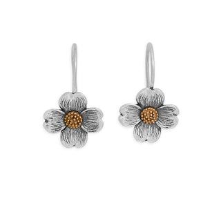 Flower-shaped earrings with gold center on a white background