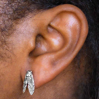 Sterling Silver Cicada Earrings on Ear