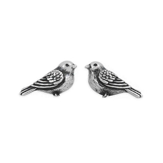 A pair of silver bird stud earrings shaped like small birds facing each other, shown on a plain white background.