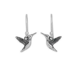 Silver hummingbird earrings on a white background