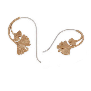 Bronze Ginkgo leaf-shaped earrings on white background