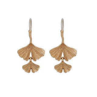 Bronze leaf-shaped earrings on a white background