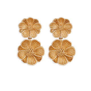 Pair of bronze floral earrings on a white background