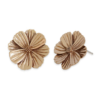Pair of bronze cosmo flower earrings on a white background