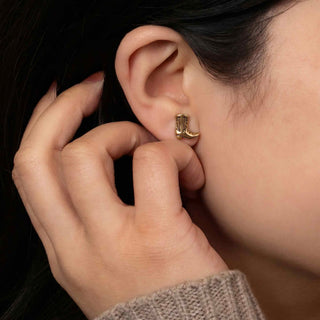 Bronze Cowboy Boot Stud Earrings on ear