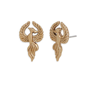 A pair of gold-toned phoenix stud earrings with detailed wing and tail carvings, shown against a plain white background.