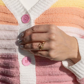 Bronze Adjustable Morning Glory Ring -September Birth Flower on model hand