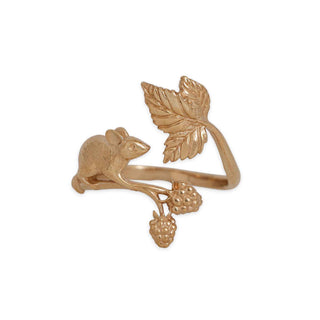 Gold ring with a squirrel and leaf design on a white background