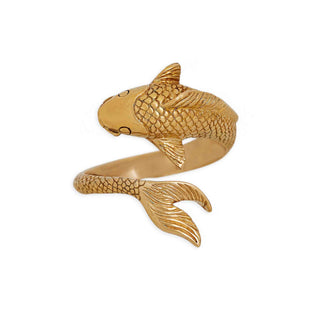 A gold koi fish ring sculpted with detailed scales and a curved tail, shown on a plain white background.