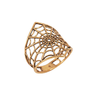Gold spider web ring on a white background