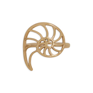 A bronze ring featuring a stylized, openwork spiral design resembling a nautilus shell, shown on a plain white background.