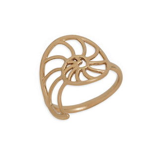 A gold-colored openwork ring designed in the shape of a nautilus shell, shown on a plain white background.