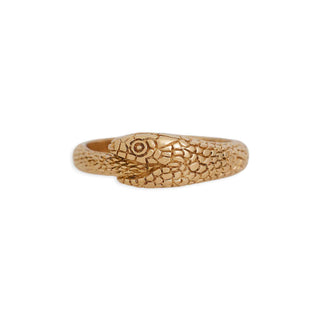 A bronze snake ring with detailed scales and a textured finish, shown on a plain white background.
