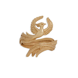 A bronze-toned wrap ring featuring a stylized phoenix bird with outstretched wings and textured feather details, shown on a plain white background.