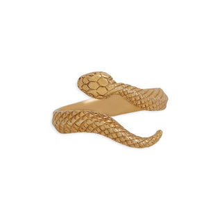 A bronze snake-shaped ring with detailed scales and a polished finish, presented on a clean white background.
