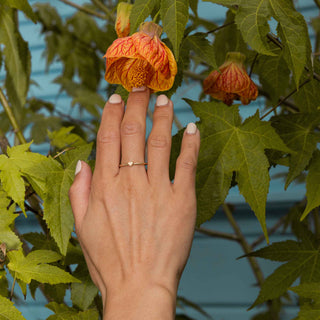Hand with tiny bronze heart ring reaching for flower