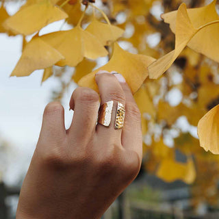 Bronze Adjustable Hammered Shield Ring on model