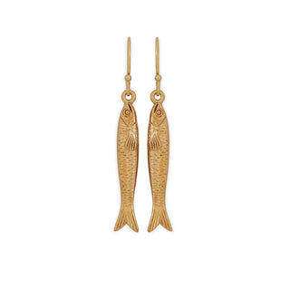 A pair of gold fish-shaped drop earrings with textured scales and hook backs, shown against a plain white background.