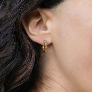 A close-up of a person's ear wearing a small textured gold huggie hoop earring.