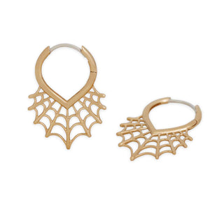 Gold hoop earrings with spider web design on a white background
