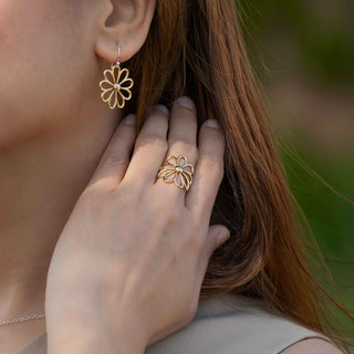 Close-up of a person wearing gold flower earrings and a ring, with a blurred natural background.