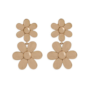 Pair of bronze flower-shaped earrings on a white background