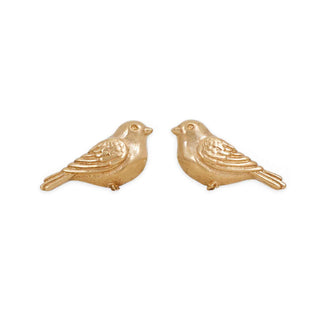 A pair of small bird-shaped bronze earrings with textured feather details, shown on a plain white background.