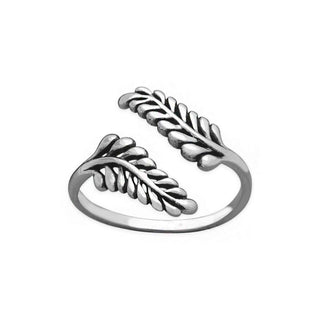 A silver-toned open ring designed in the shape of two leafy branches, photographed on a clean white background.